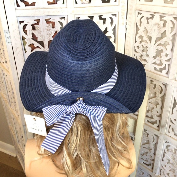 Styline Women’s Blue Folded Straw Panama Hat with Striped Band & Bow - Picture 4 of 7